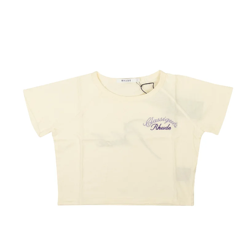 Cream And Lilac Cotton Logo Short Sleeve T-Shirt