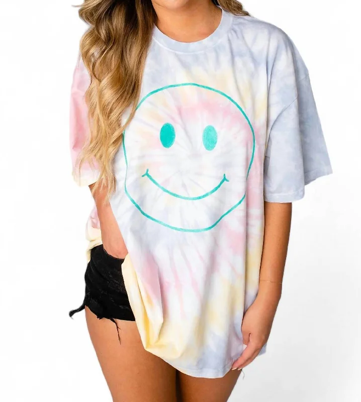 Groovy Tie-Dye Oversized Graphic Tee - Happy Face In Multi