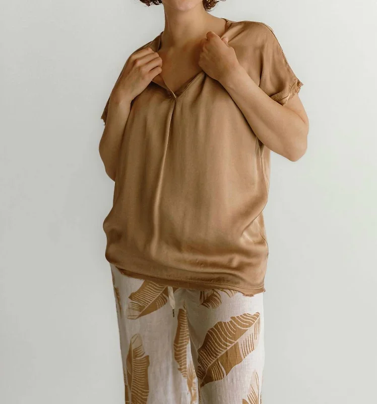 Silky V Neck Top In Camel