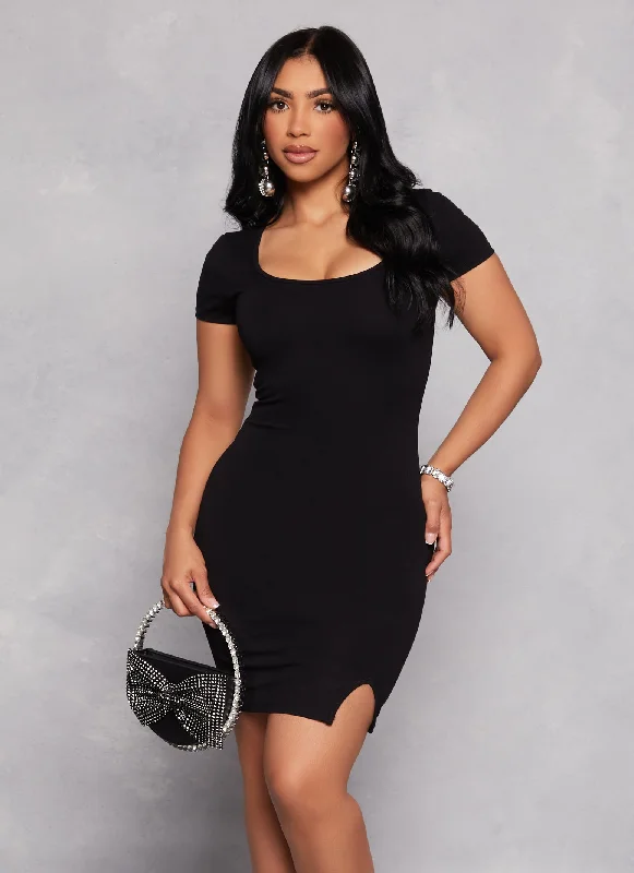 Scoop Neck Short Sleeve Side Slit Mini Dress