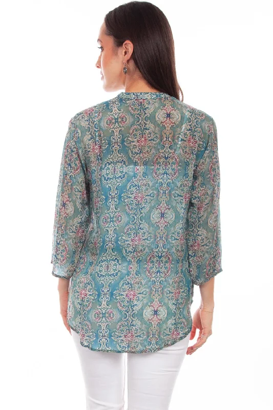 Scully Womens Turquoise Rayon Classic Print S/S Blouse Scully Womens Turquoise Rayon Classic Print S/S Blouse
