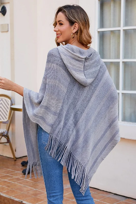 WOMEN TASSEL HOODED KNIT PONCHO SHAWL WRAP