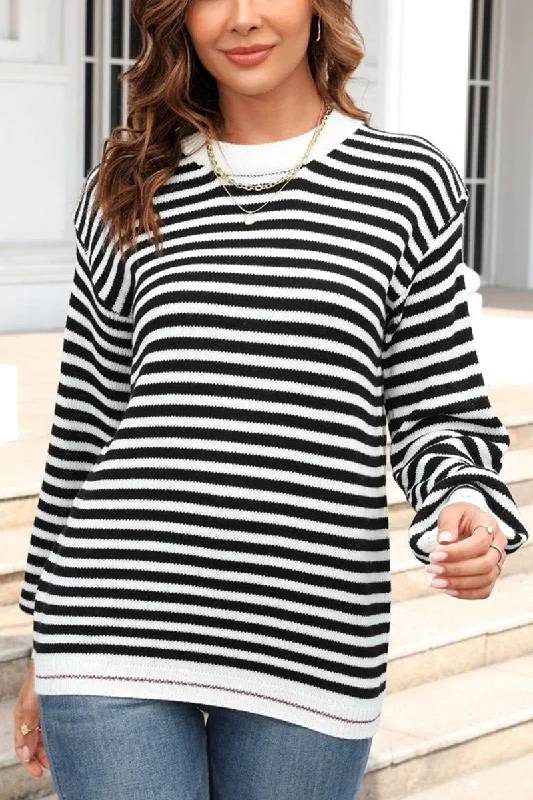 WOMEN STRIPED CONTRAST LONG SLEEVED KNIT TOP