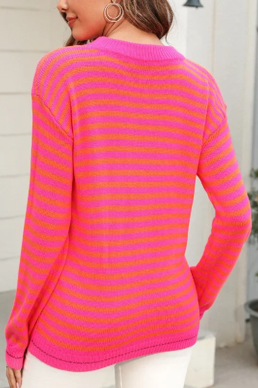 WOMEN STRIPED CONTRAST LONG SLEEVED KNIT TOP