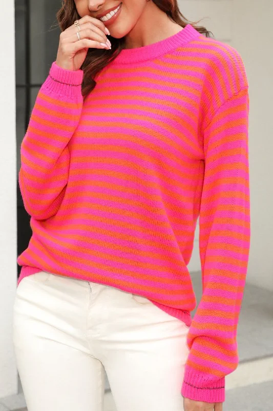 WOMEN STRIPED CONTRAST LONG SLEEVED KNIT TOP