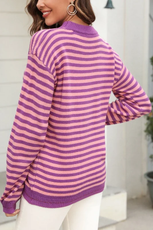 WOMEN STRIPED CONTRAST LONG SLEEVED KNIT TOP