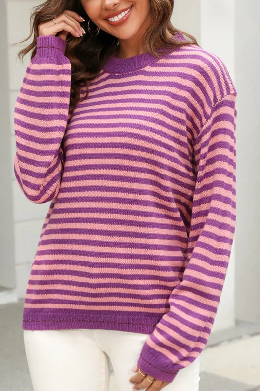 WOMEN STRIPED CONTRAST LONG SLEEVED KNIT TOP