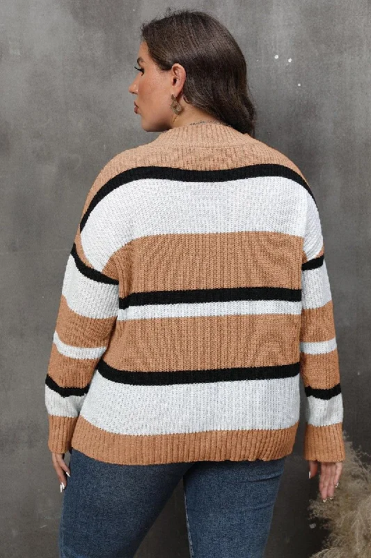 WOMEN STRIPE PATTERN RIBBED KNIT SWEATSHIRT