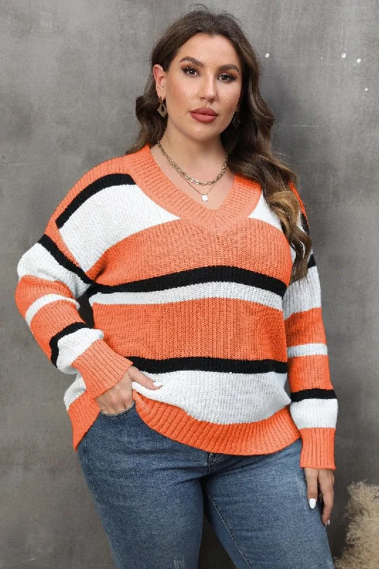 WOMEN STRIPE PATTERN RIBBED KNIT SWEATSHIRT