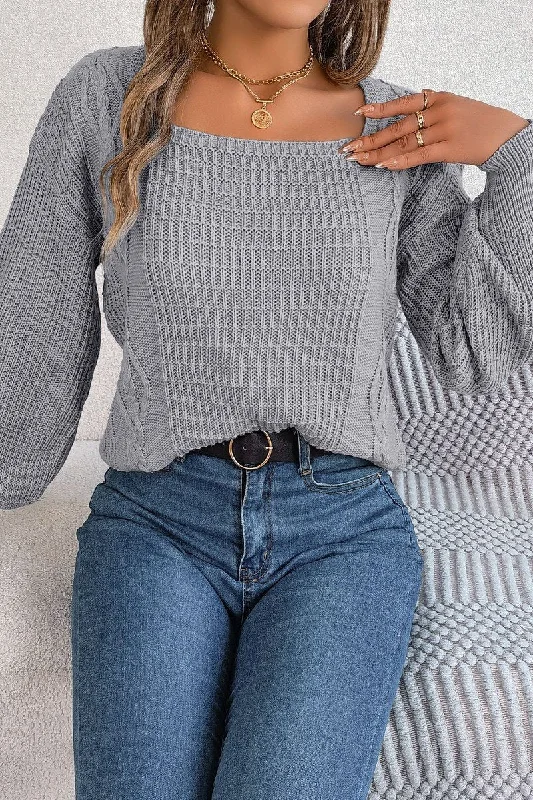 WOMEN CABLE KNITTED SQUARE NECK KNIT SWEATSHIRT