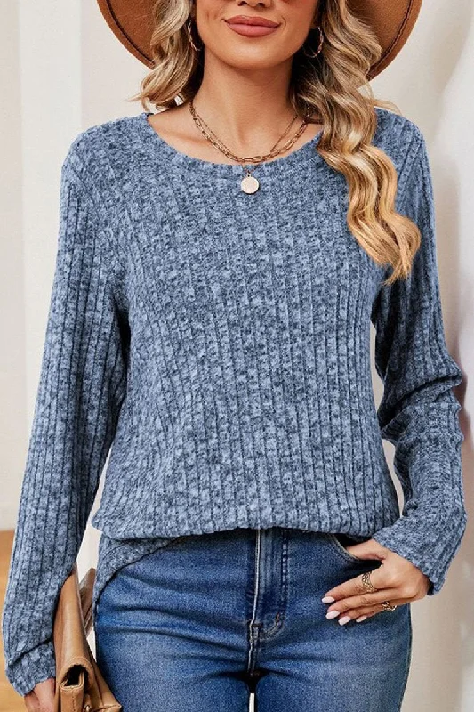 WOMEN CORDUROY LONG SLEEVE ROUND NECK KNIT TOP