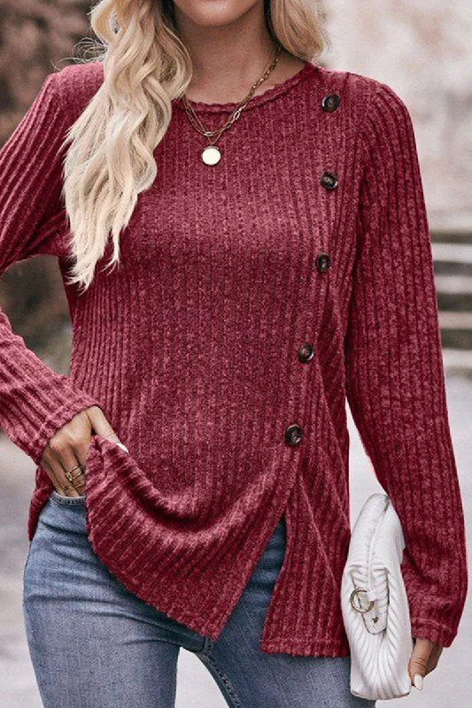 ROUND NECK SIDE BUTTONED LONG LENGTH KNIT TOP