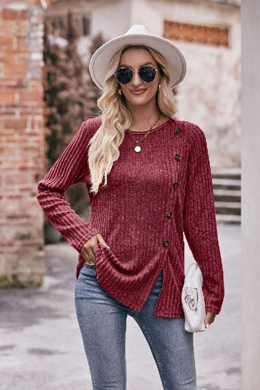 ROUND NECK SIDE BUTTONED LONG LENGTH KNIT TOP