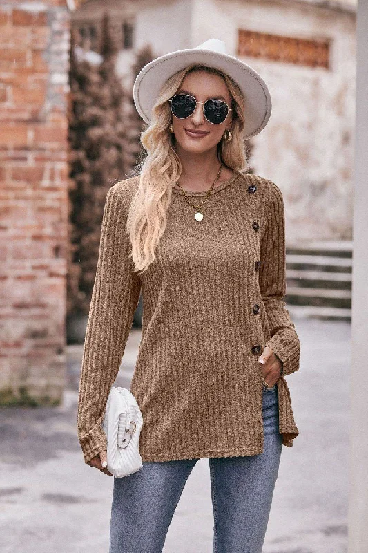 ROUND NECK SIDE BUTTONED LONG LENGTH KNIT TOP