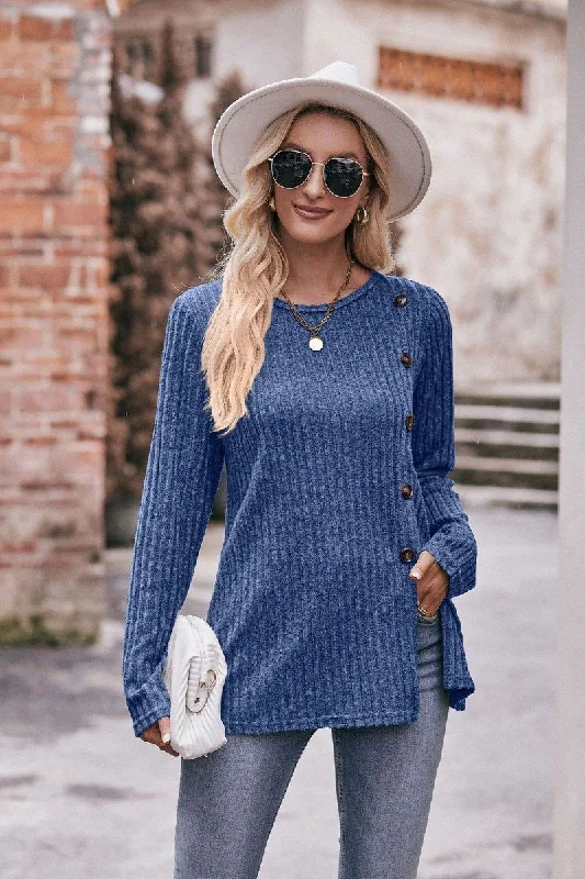 ROUND NECK SIDE BUTTONED LONG LENGTH KNIT TOP