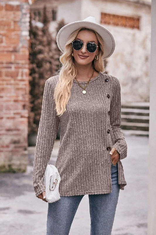 ROUND NECK SIDE BUTTONED LONG LENGTH KNIT TOP