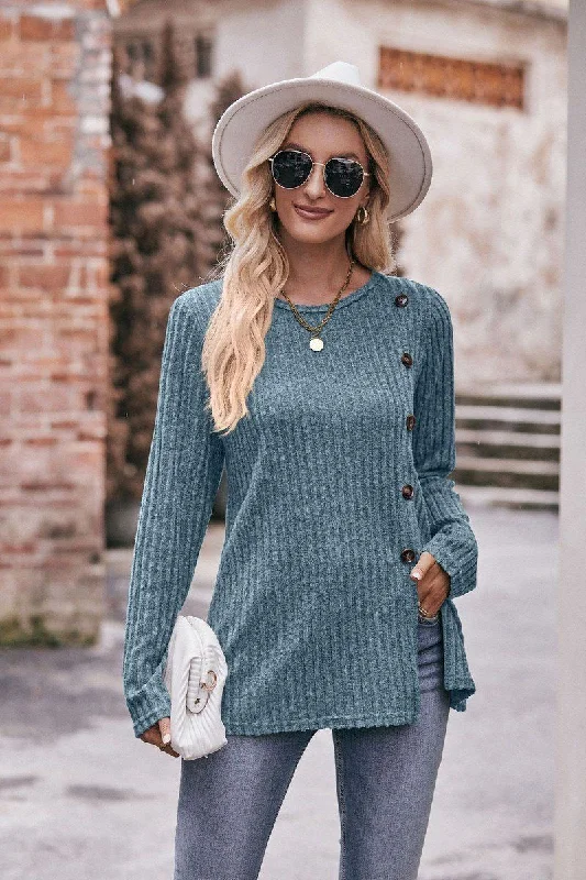 ROUND NECK SIDE BUTTONED LONG LENGTH KNIT TOP