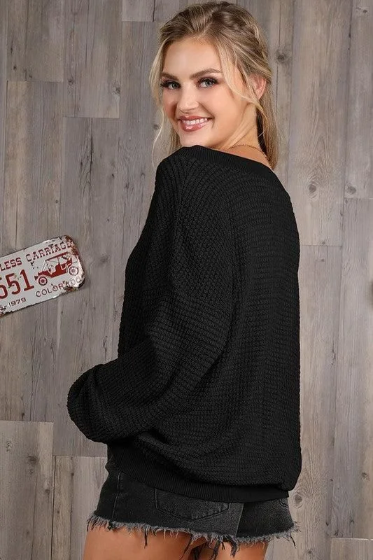 V NECK LONG SLEEVE WAFFLE KNIT TOP