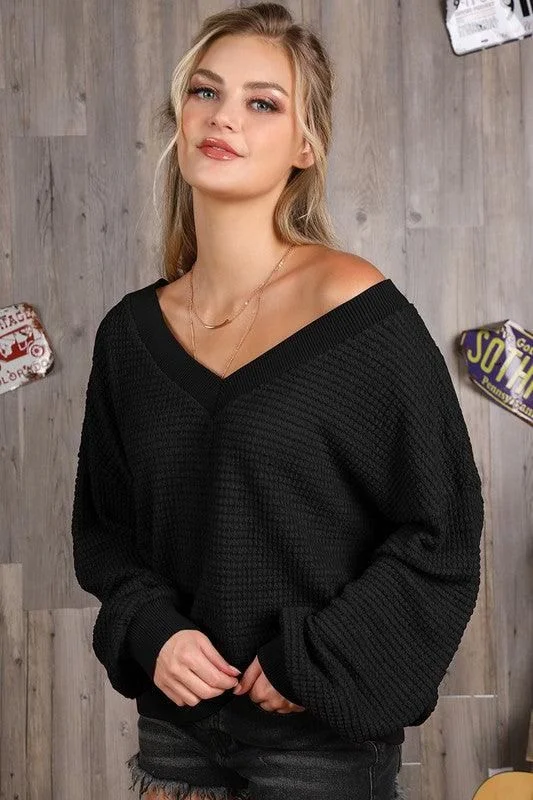 V NECK LONG SLEEVE WAFFLE KNIT TOP