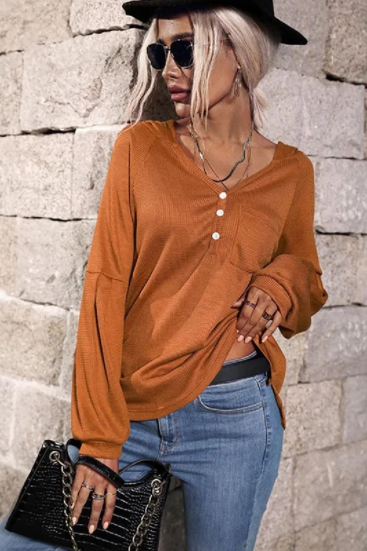 WAFFLE KNIT BUTTON NECK HOODED TOP