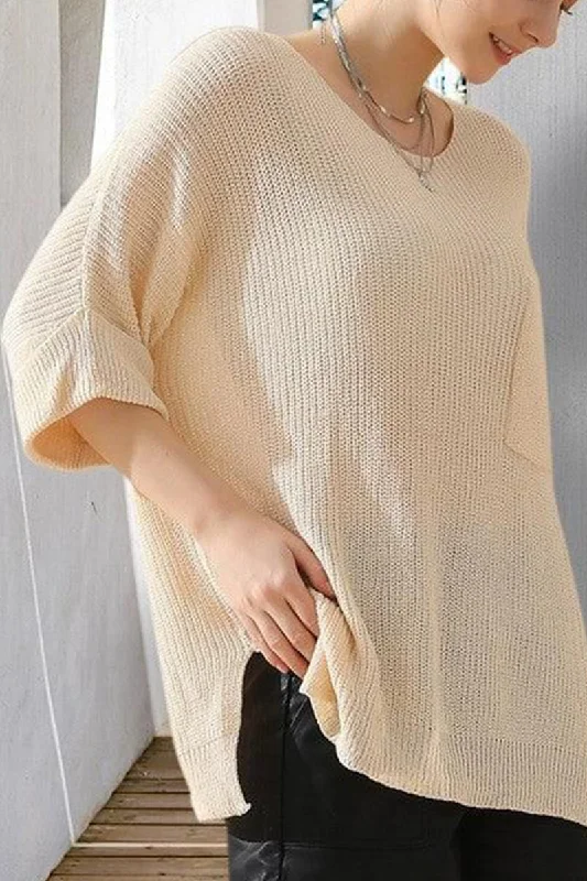 LOOSE FIT ROLLED 4/3 SLEEVE KNIT TOP