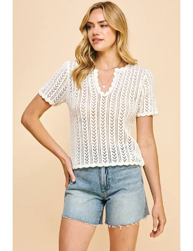 Florina Crochet Knitted Top, Off White