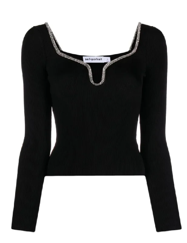 Self Portrait Women Knit Viscose Long Sleeves Slim Fit Diamante Trim Top Black