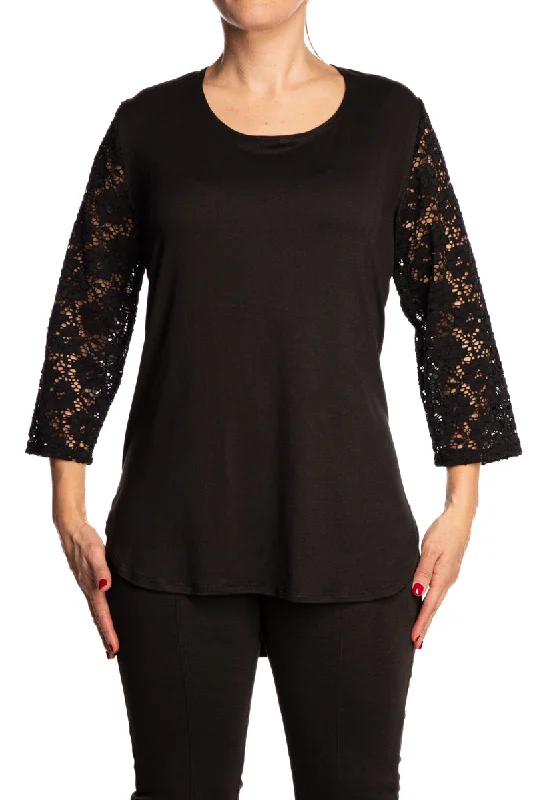 Women's Top Black with Lace Sleeves on Sale Made in Canada Quality Knit Fabric Flatter Fit