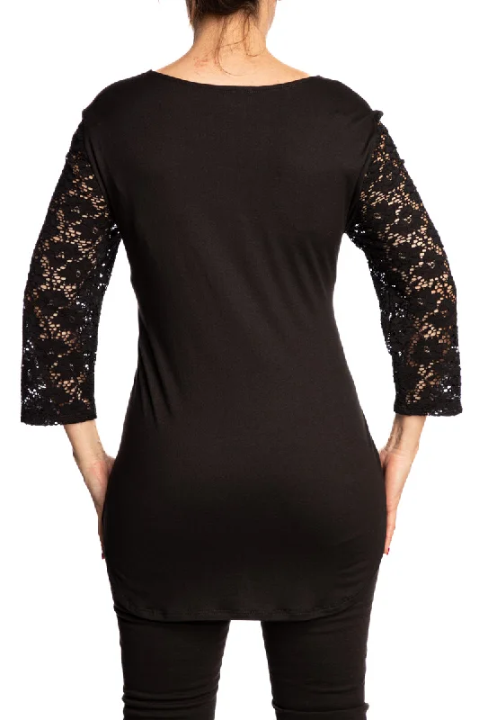 Women's Top Black with Lace Sleeves on Sale Made in Canada Quality Knit Fabric Flatter Fit