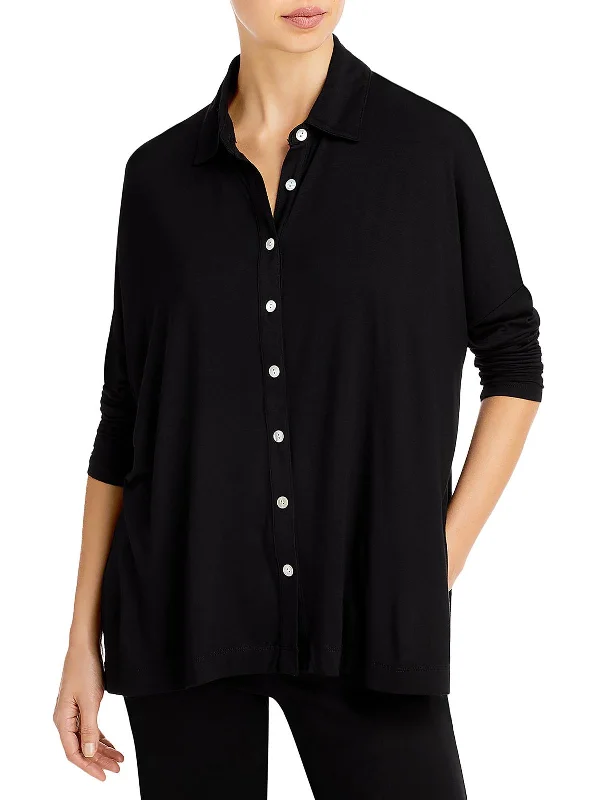 Womens Collar Knitted Button-Down Top