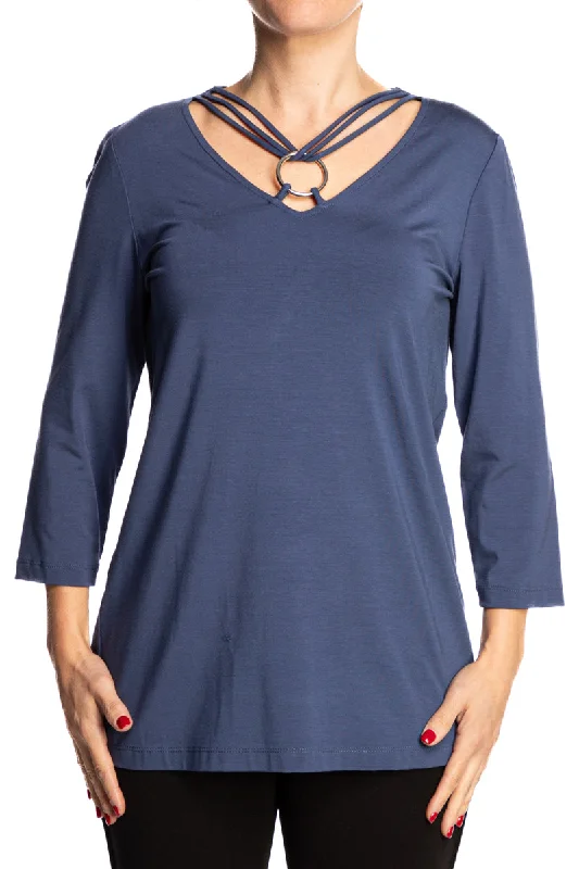 Women's Top With Fancy Neckline Indigo Deep Blue Color Quality Stretch Knit Fabric Comfort , fashion and Great True to Size Fit Made In Canada Yvonne Marie boutiques Shop With Confidence Over 35 Years in Business Shop ymstyle.com