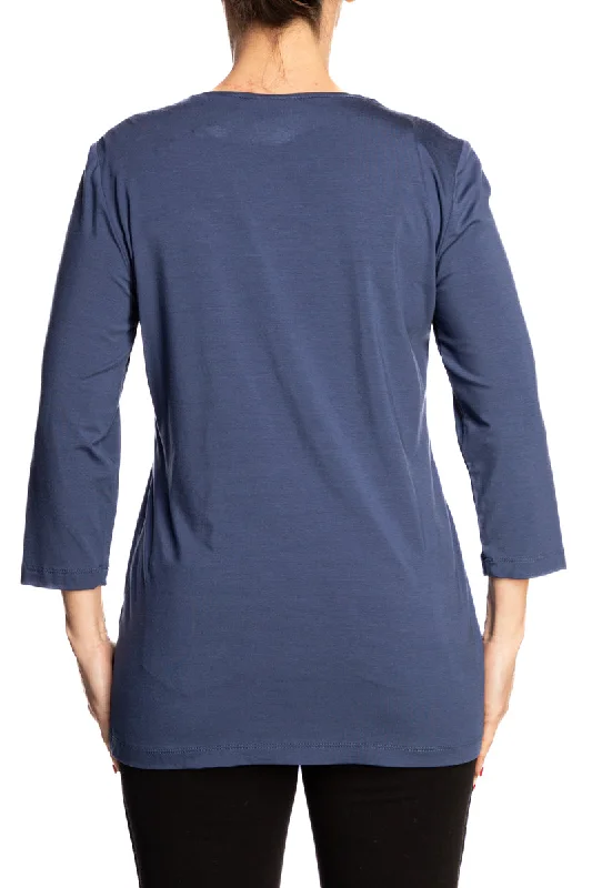 Women's Top With Fancy Neckline Indigo Deep Blue Color Quality Stretch Knit Fabric Comfort , fashion and Great True to Size Fit Made In Canada Yvonne Marie boutiques Shop With Confidence Over 35 Years in Business Shop ymstyle.com