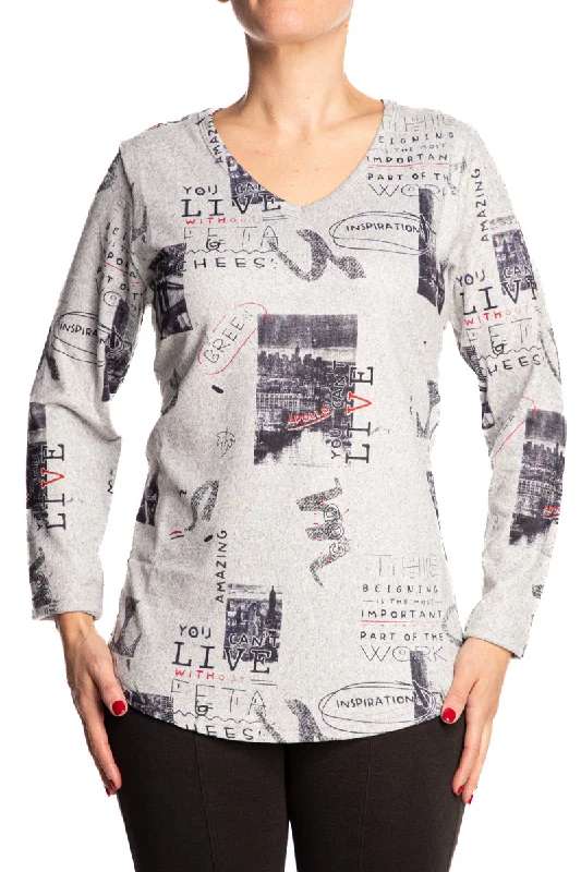 Women's V-Neck Top Grey Abstract Print - Quality Comfort Cozy Knit Fabric - Sizes Small to X Large