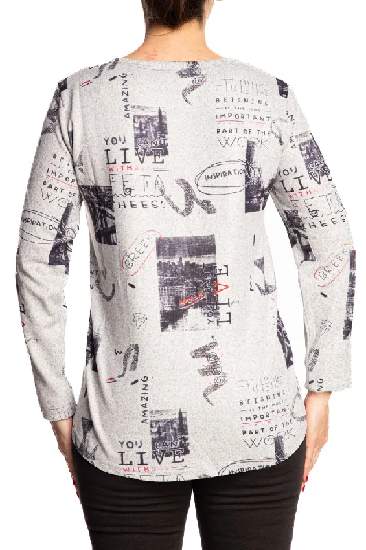 Women's V-Neck Top Grey Abstract Print - Quality Comfort Cozy Knit Fabric - Sizes Small to X Large