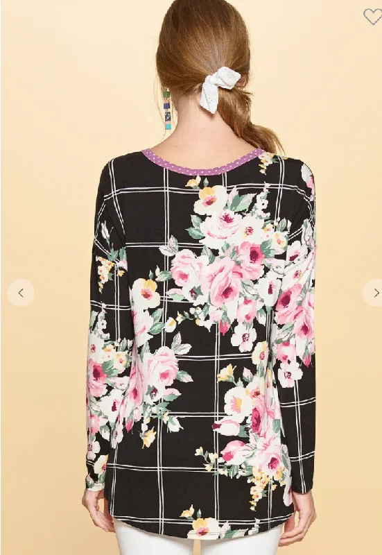 Floral Window Pane Knit Dolman Sleeve Top