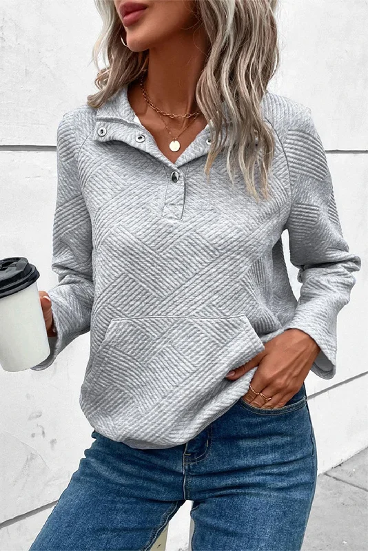 Textured Knit Buttoned Kangaroo Pocket Sweatshirt