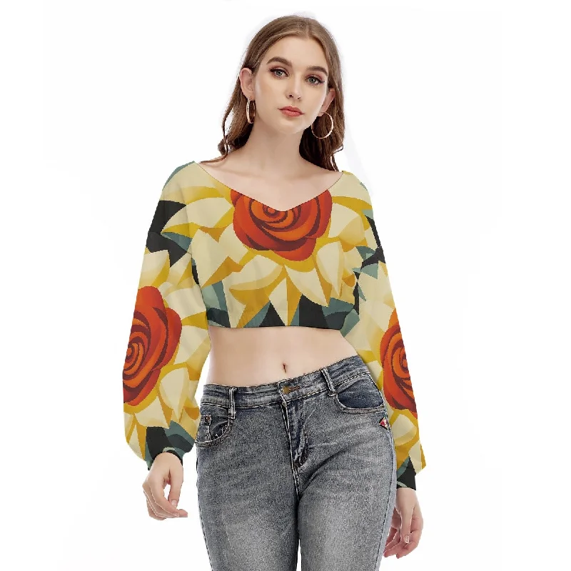 Rose Life Women's V-neck Long Sleeve Cropped Sweatshirt