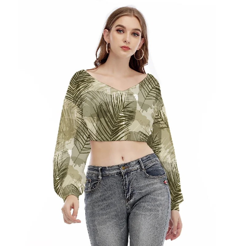 Sand Green Tropical Women's V-neck Long Sleeve Cropped Sweatshirt