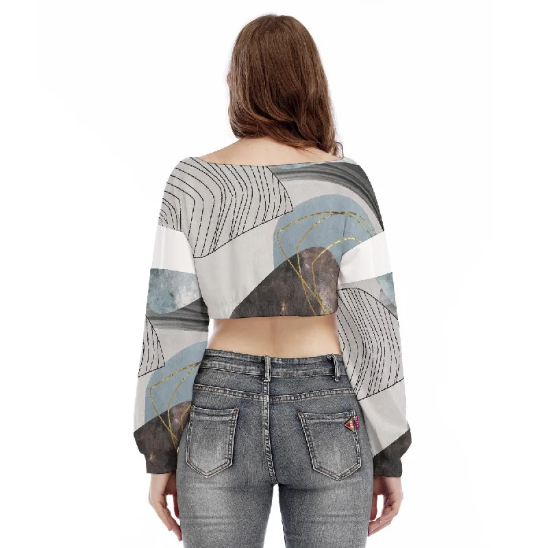 Geometric Pattern Women's V-neck Long Sleeve Cropped Sweatshirt