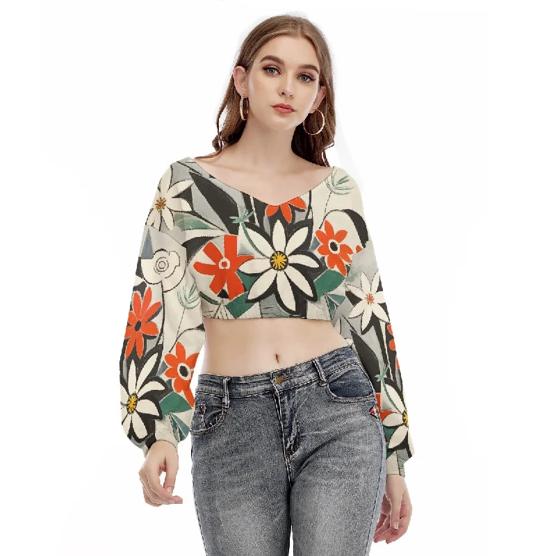 Flower Art Women's V-neck Long Sleeve Cropped Sweatshirt