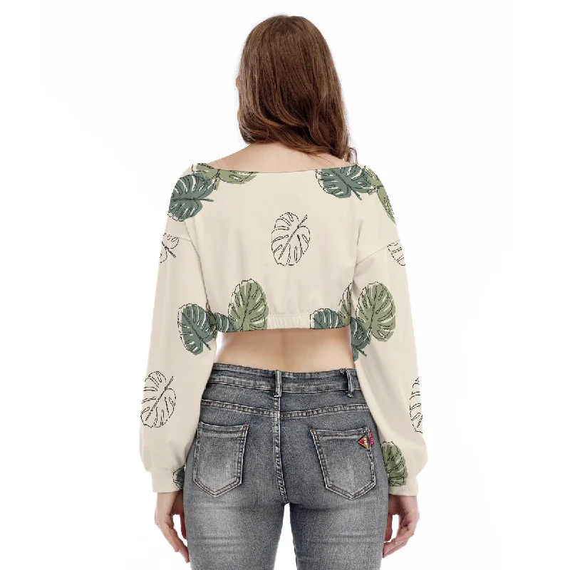 Tropical Leaves Pattern Women's V-neck Long Sleeve Cropped Sweatshirt