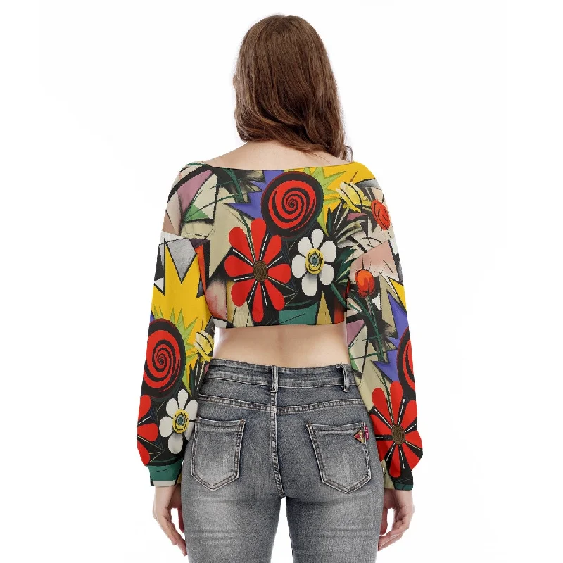 Abstract Flower Women's V-neck Long Sleeve Cropped Sweatshirt