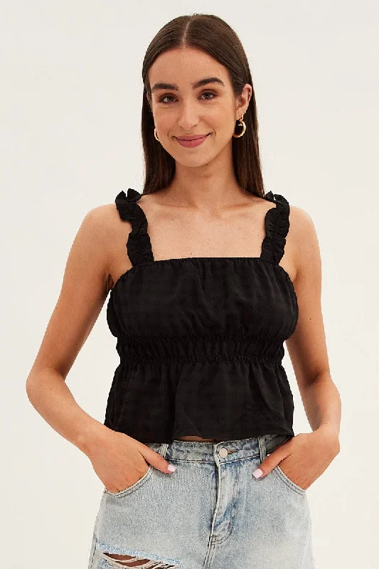 Black Ruffle Top Strap Gathered Waist Crop