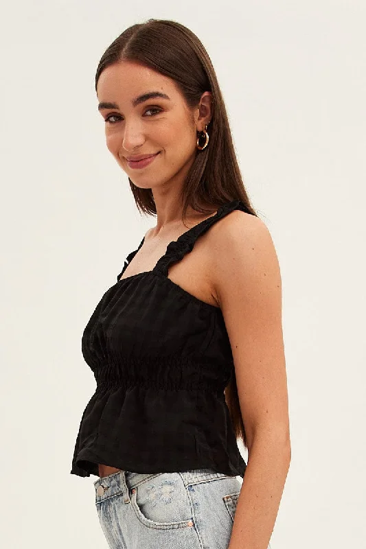 Black Ruffle Top Strap Gathered Waist Crop