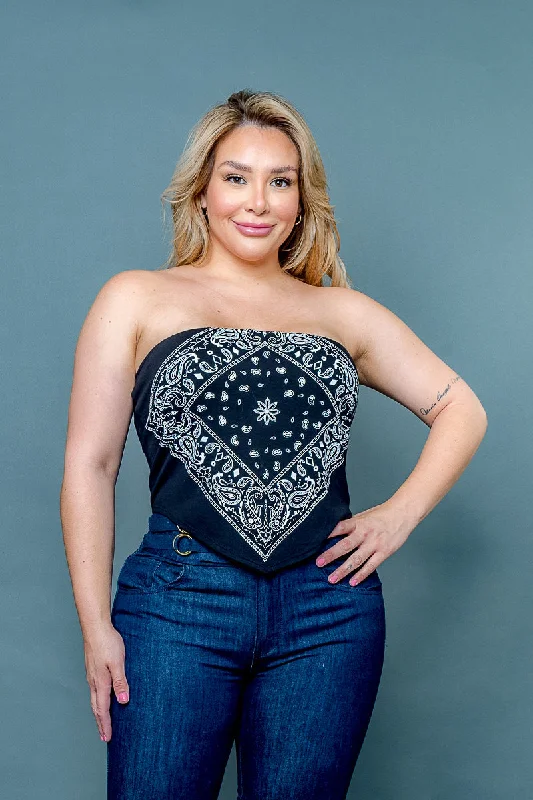 Plus Size 'Bandana Babe' Paisley Print Strapless Crop Top with Asymmetric Hem (ZA3900)