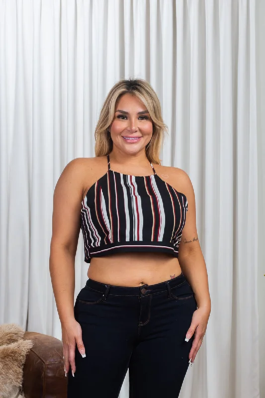 Plus Size Multicolor Stripe Halter Neck Crop Top with Criss Cross Tie Back (ZB9386F6)