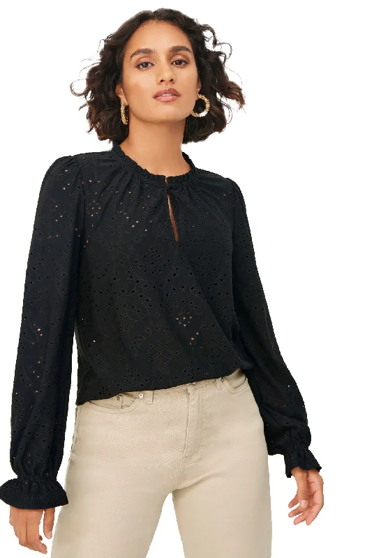 Long Sleeve Knit Eyelet Top With Keyhole Neckline