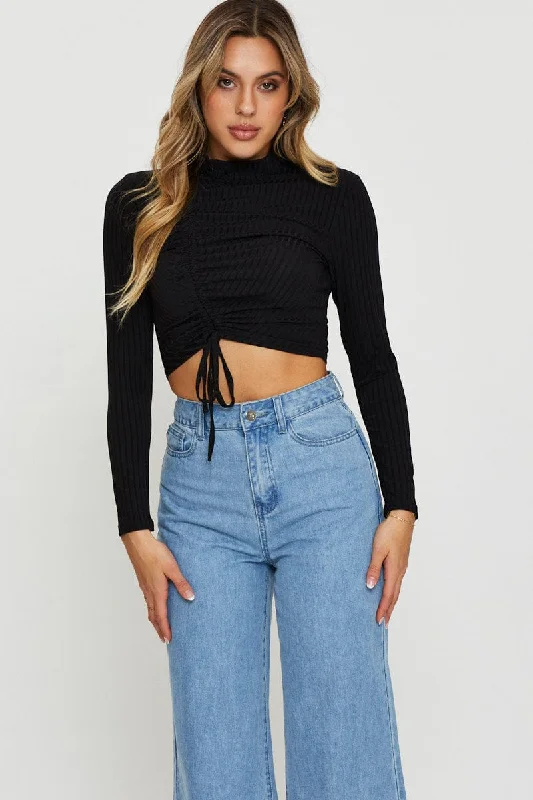 Black Ruched Top Long Sleeve