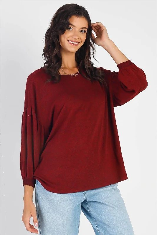 Burgundy Long Sleeve Puff Ballon Top