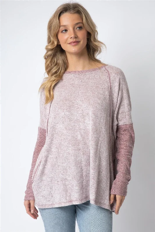 Burgundy Long Sleeve Round Neck Two Pocket Side Top